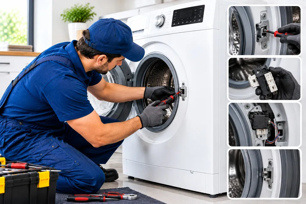 Technician inspecting washer drum